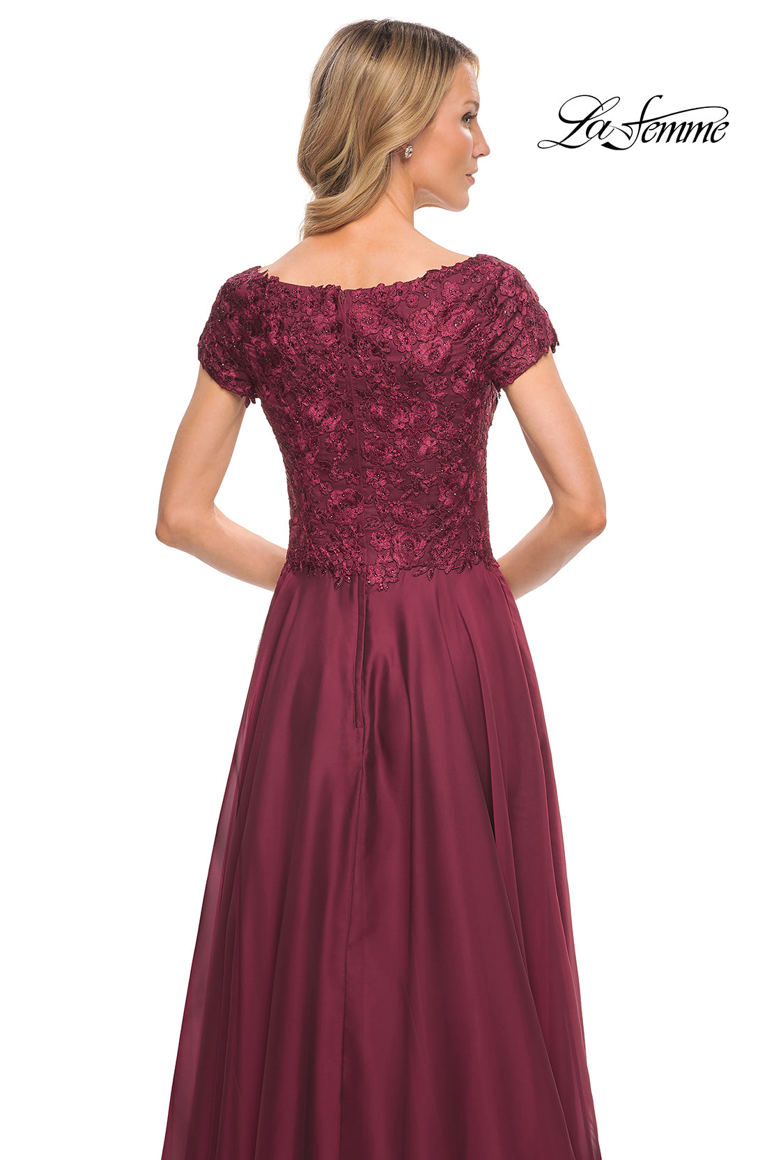 Picture of: Short Sleeve Chiffon Dress with Lace Bodice in Garnet, Style: 26550, Detail Picture 2