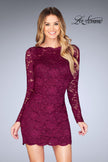 Picture of: Long Sleeve Short Lace Dress with Open Strappy Back in Garnet, Style: 25134, Main Picture