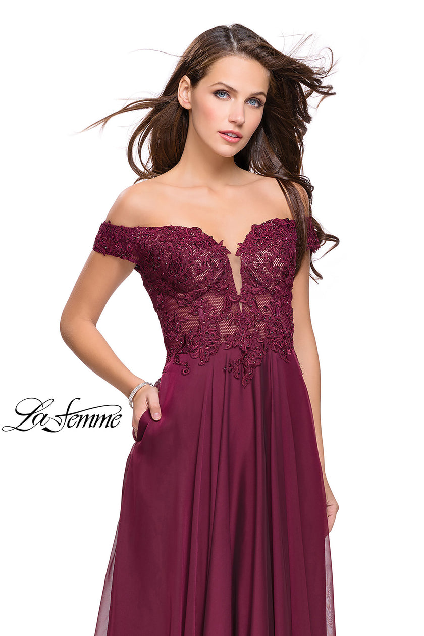 Picture of: Chiffon Prom Dress with Off the Shoulder Lace Top in Garnet, Style: 25129, Main Picture