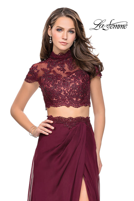 Picture of: Chiffon Two Piece Gown with Lace Top and Belt Detail in Garnet, Style: 25384, Main Picture
