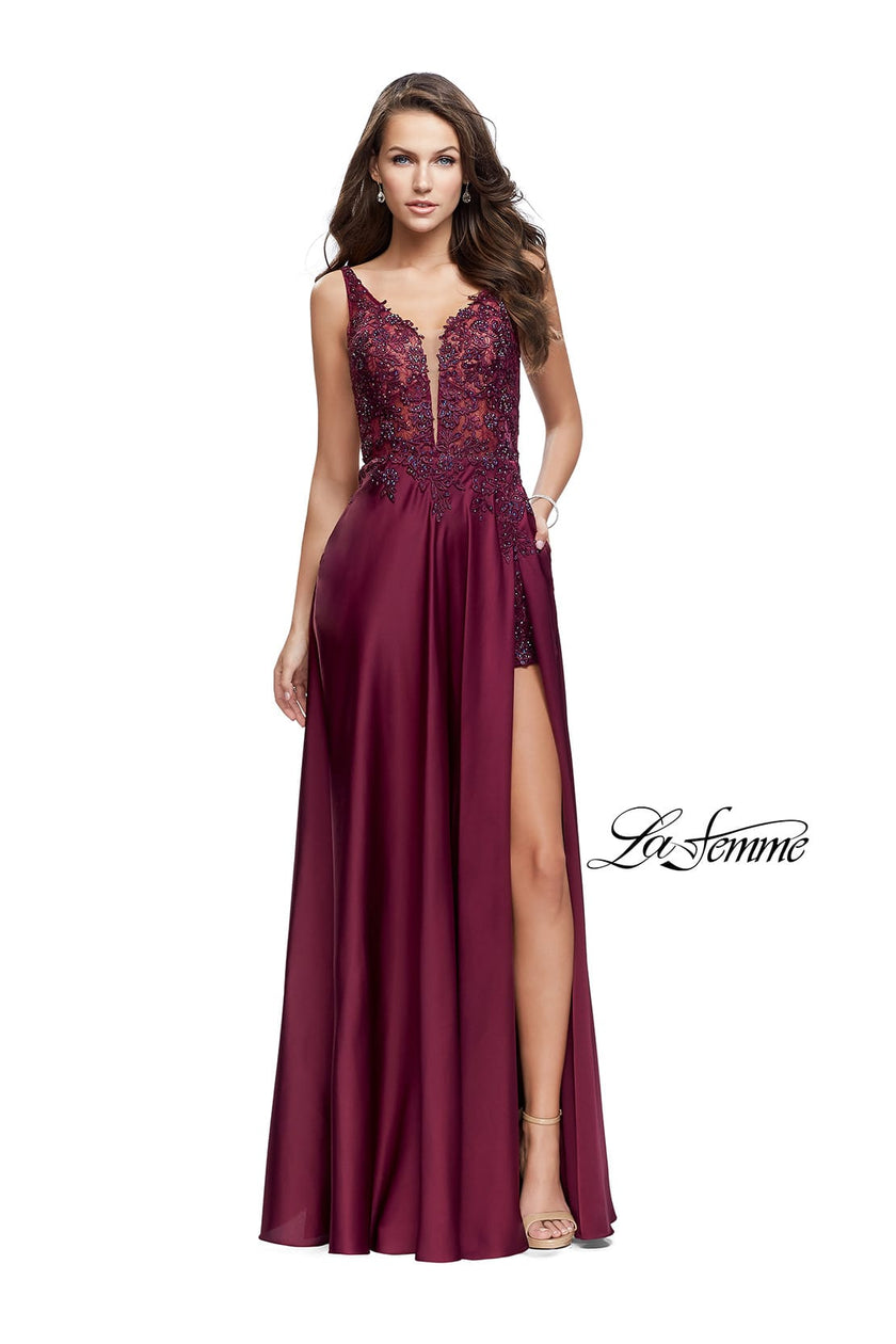 Picture of: Long Prom Dress with Beaded Lace Bodice and Open Back in Garnet, Style: 25645, Main Picture