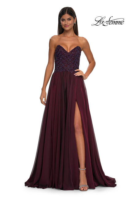 Picture of: Chiffon Gown with High Slit and Strapless Lace Top in Garnet, Style: 32804, Detail Picture 8