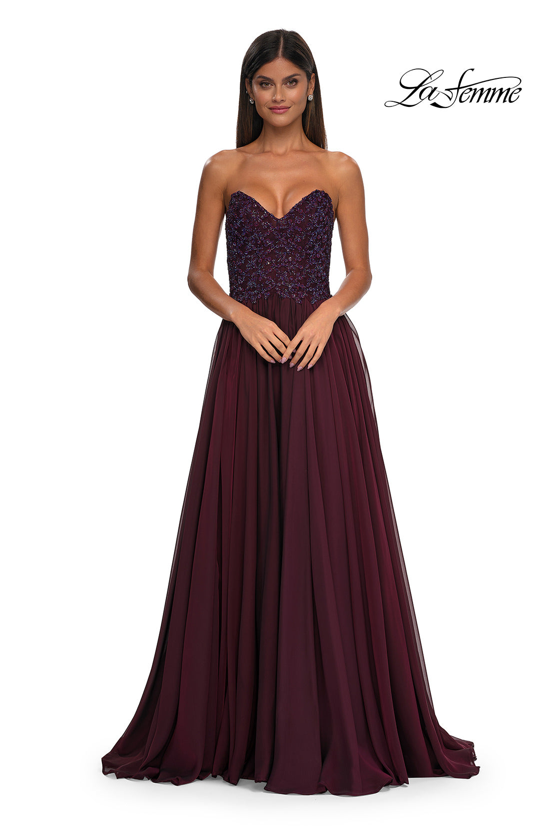 Picture of: Chiffon Gown with High Slit and Strapless Lace Top in Garnet, Style: 32804, Detail Picture 10