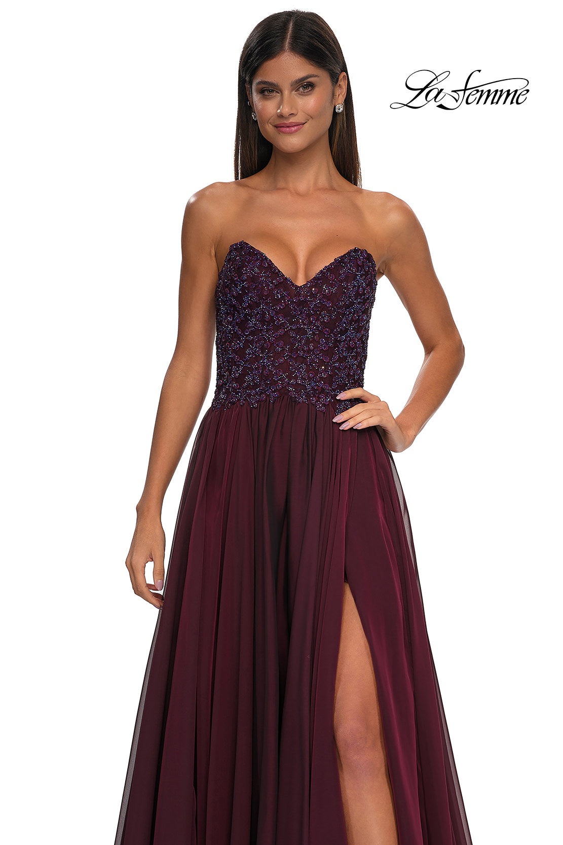 Picture of: Chiffon Gown with High Slit and Strapless Lace Top in Garnet, Style: 32804, Detail Picture 11