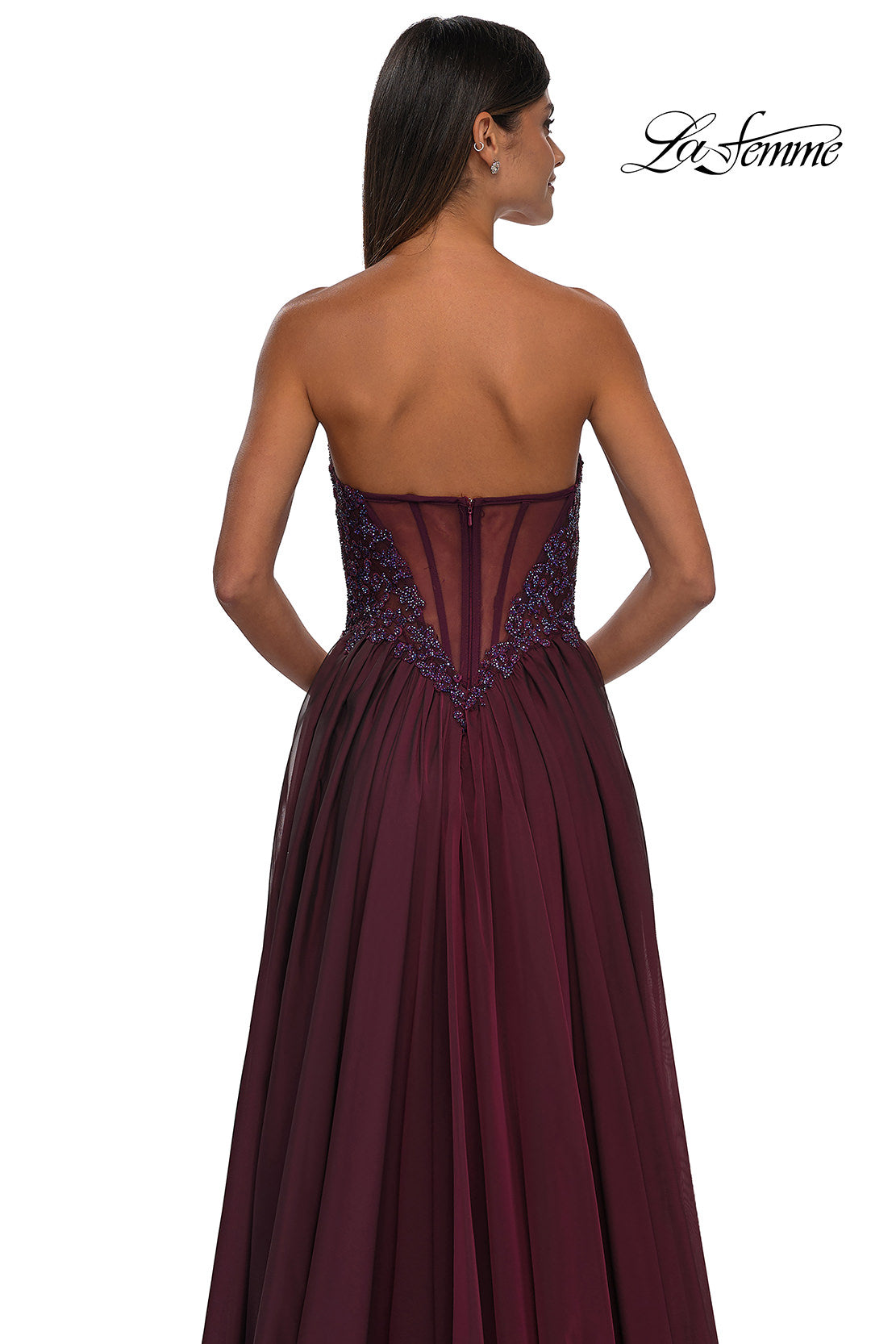 Picture of: Chiffon Gown with High Slit and Strapless Lace Top in Garnet, Style: 32804, Detail Picture 12