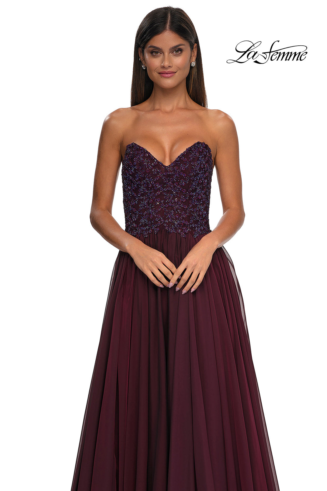 Picture of: Chiffon Gown with High Slit and Strapless Lace Top in Garnet, Style: 32804, Detail Picture 13