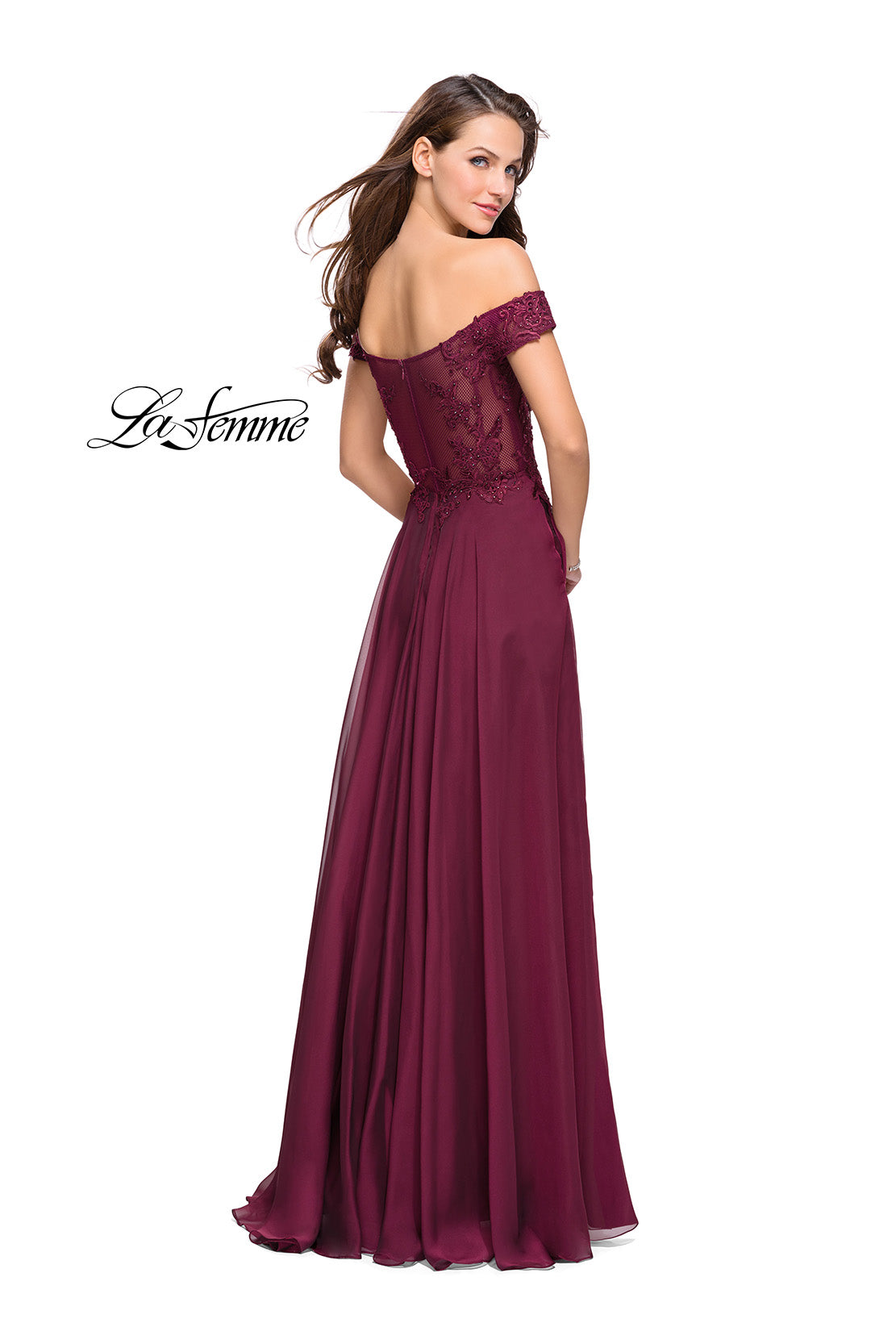 Picture of: Chiffon Prom Dress with Off the Shoulder Lace Top in Garnet, Style: 25129, Back Picture