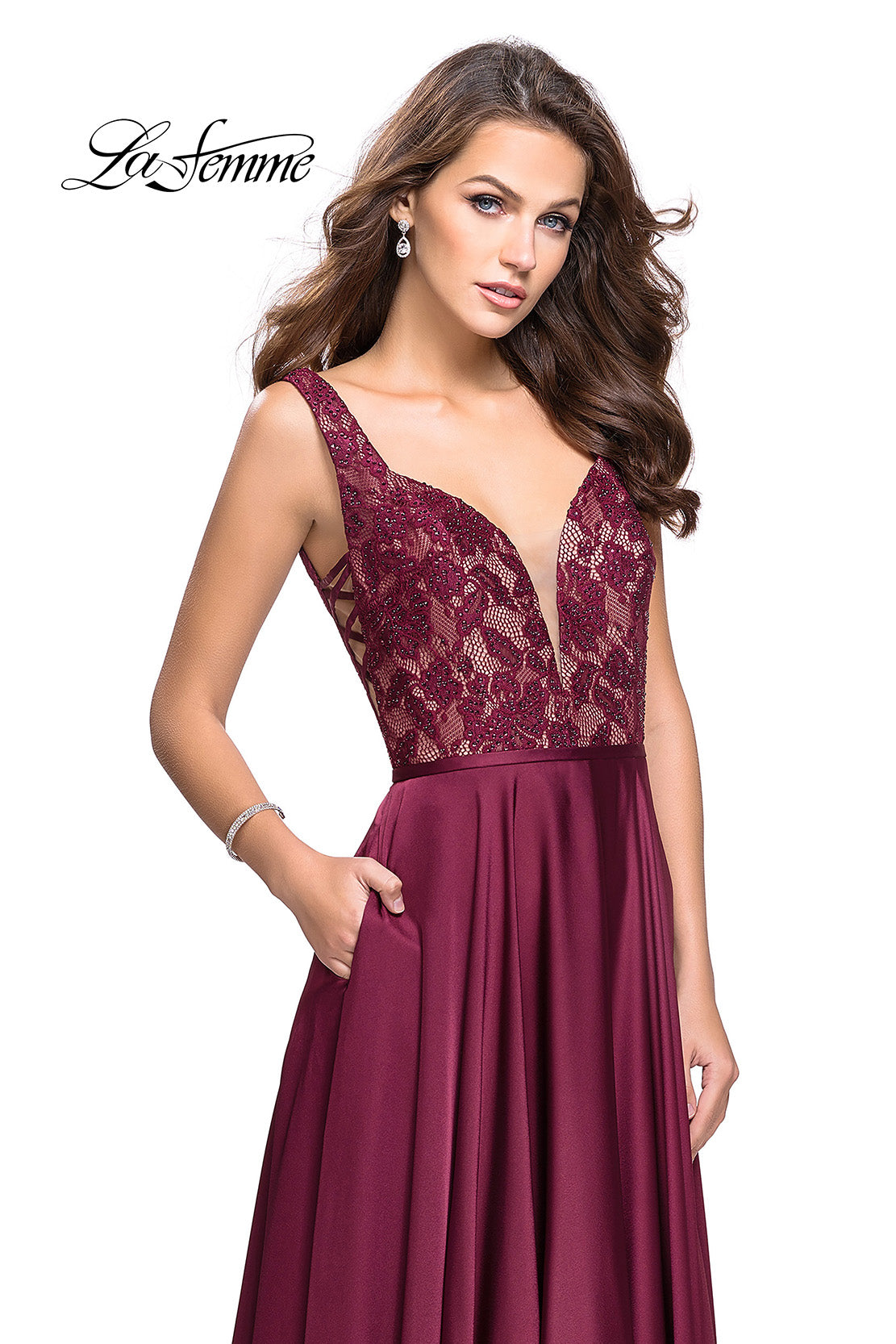 Picture of: Long A line Prom Dress with Lace Up Side Cut Outs in Garnet, Style: 25436, Detail Picture 1