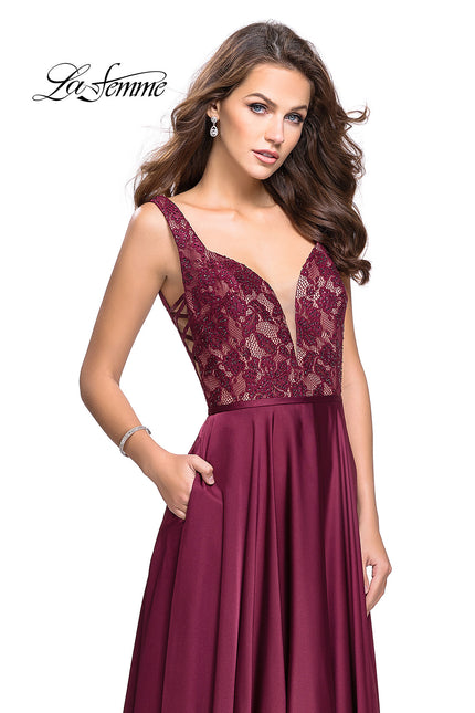 Picture of: Long A line Prom Dress with Lace Up Side Cut Outs in Garnet, Style: 25436, Detail Picture 1