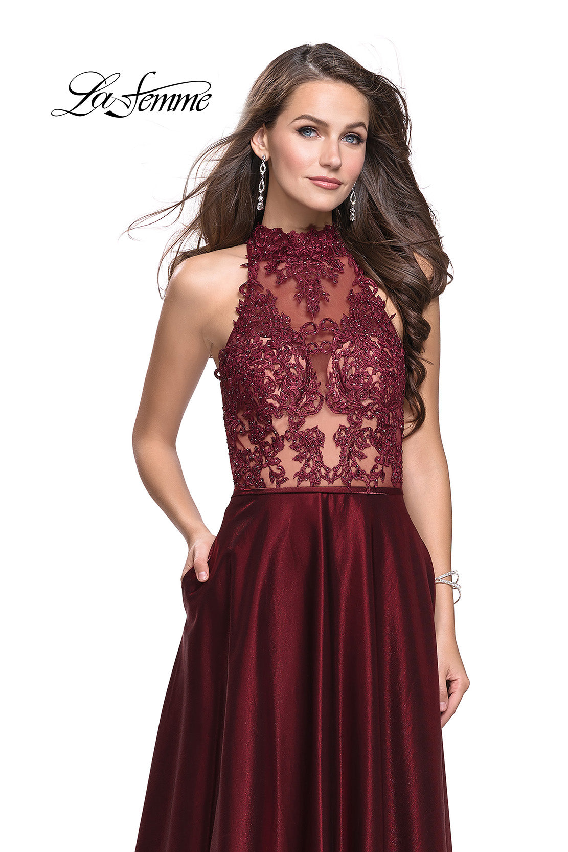 Picture of: Long Prom Dress with Satin A-line Skirt and Beading in Garnet, Style: 25617, Detail Picture 1