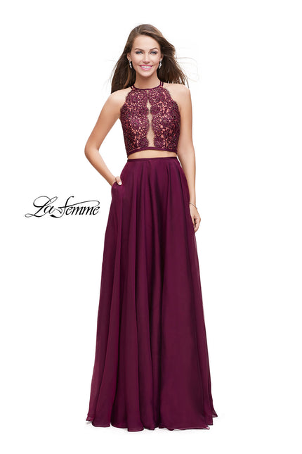 Picture of: Two Piece A-line Dress with Halter Neck and Beading in Garnet, Style: 25843, Detail Picture 1