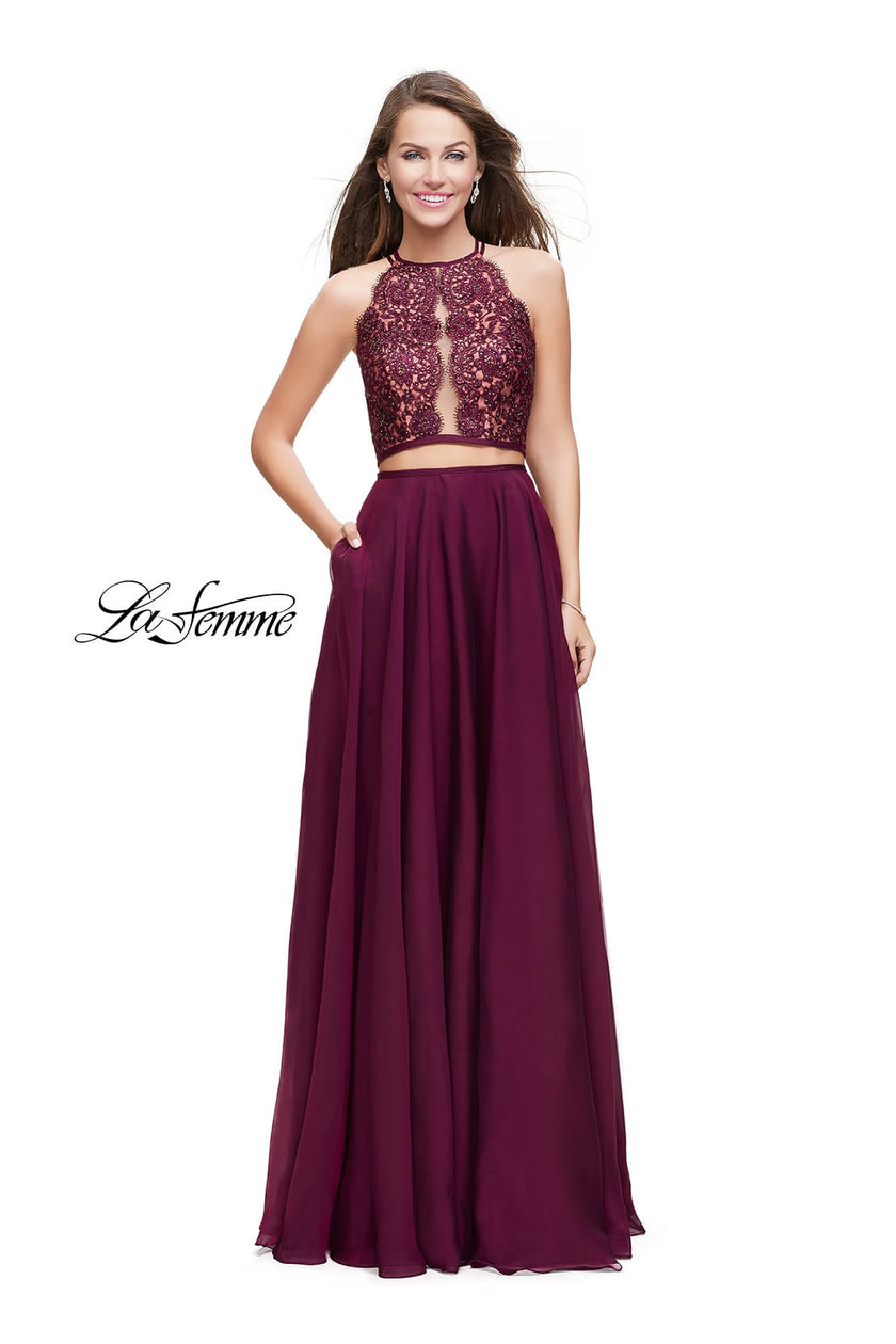 Picture of: Two Piece A-line Dress with Halter Neck and Beading in Garnet, Style: 25843, Detail Picture 1