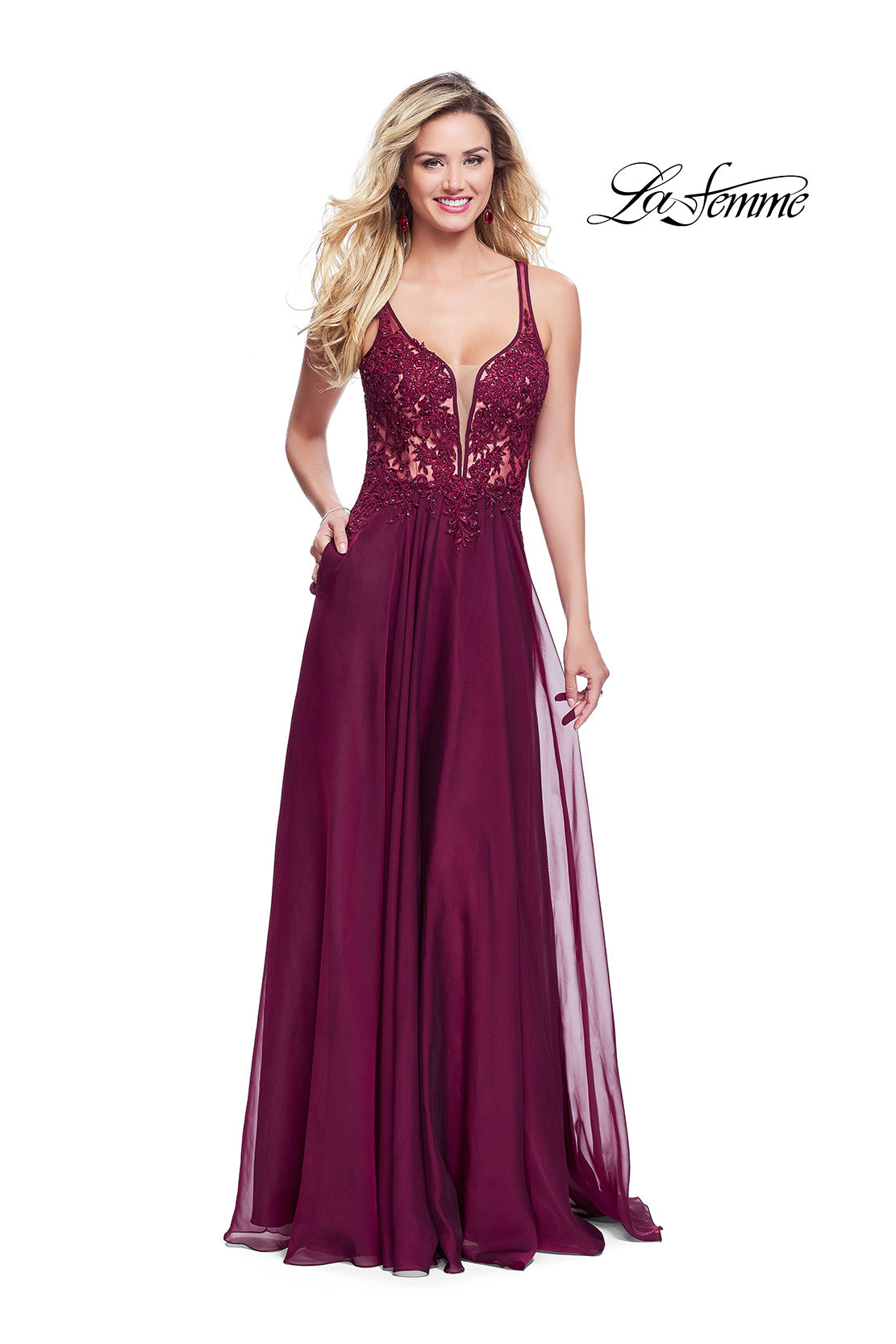 Picture of: Chiffon A-line Dress with Beaded Lace Bodice in Garnet, Style: 26082, Detail Picture 1