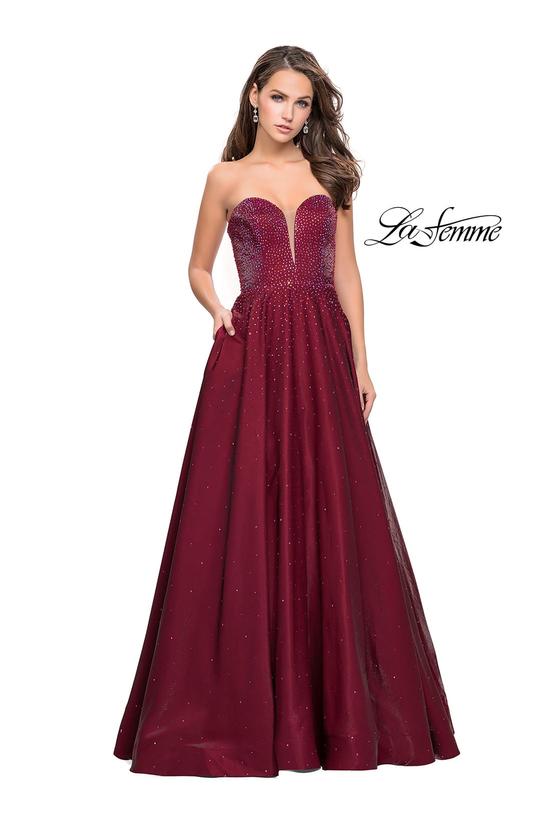 Picture of: Long Strapless Mikado Ball Gown with Beading in Garnet, Style: 26104, Detail Picture 1