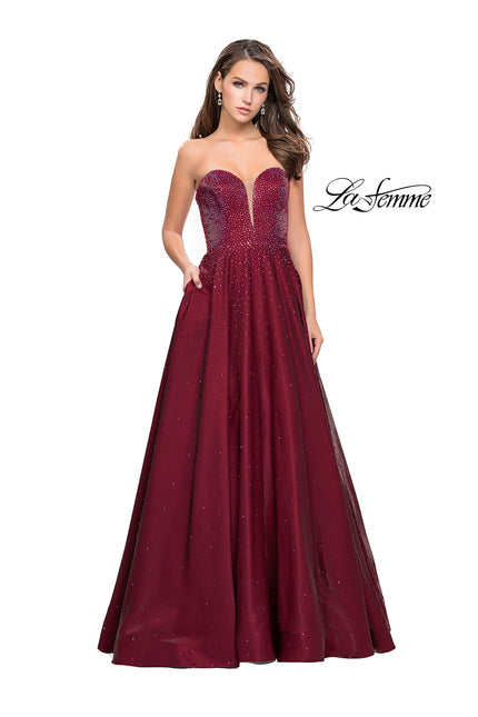 Picture of: Long Strapless Mikado Ball Gown with Beading in Garnet, Style: 26104, Detail Picture 1
