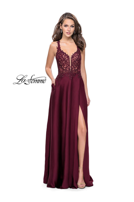 Picture of: Beaded and Embroidered Lace Prom Dress with Slit in Garnet, Style: 26124, Detail Picture 1