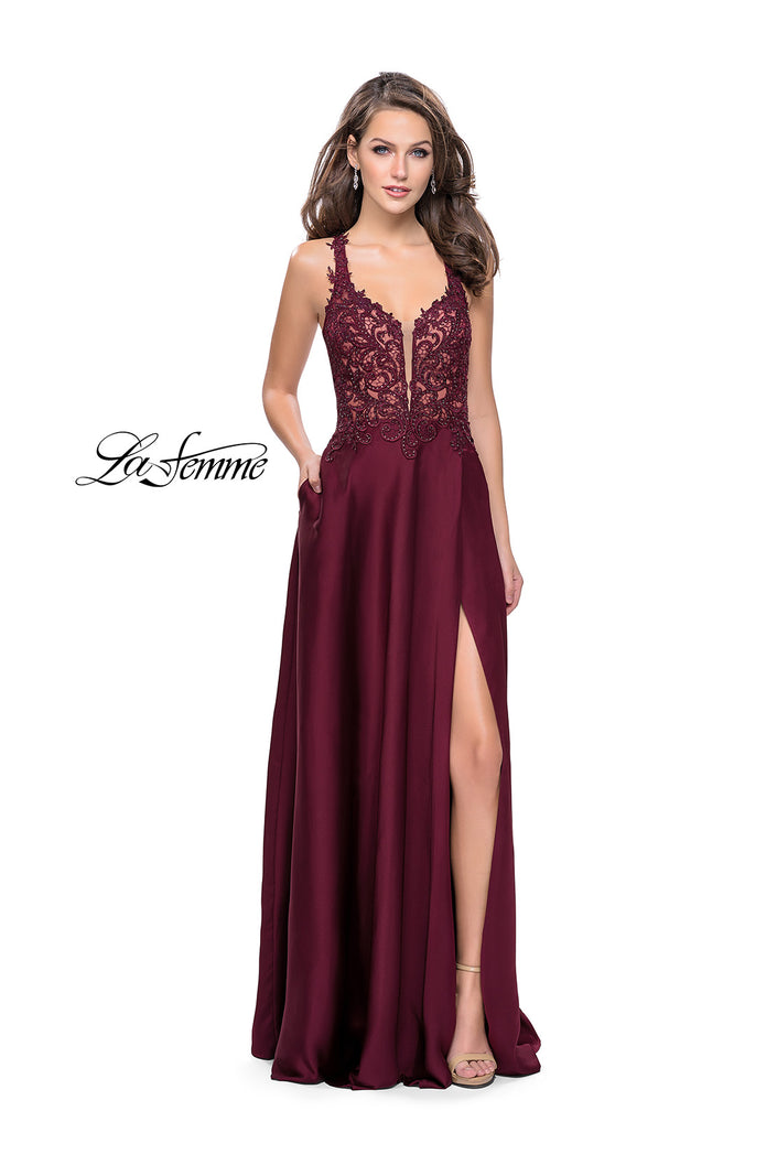 Picture of: Beaded and Embroidered Lace Prom Dress with Slit in Garnet, Style: 26124, Detail Picture 1