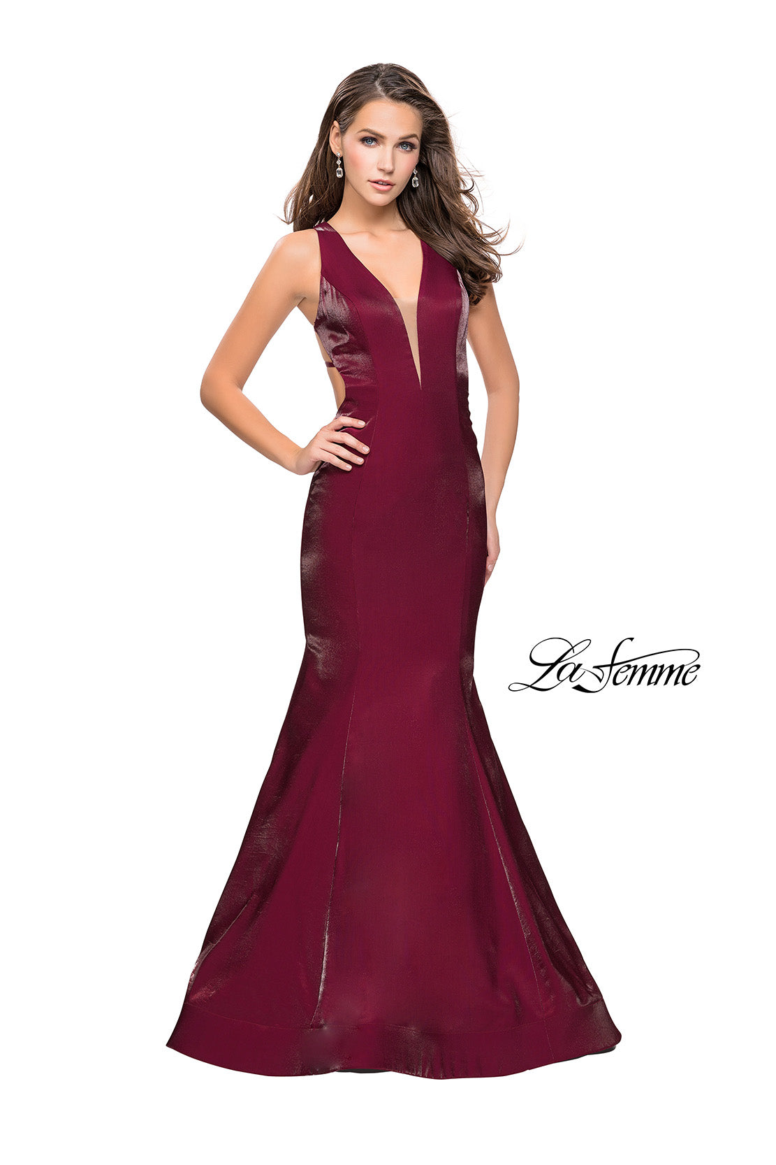 Picture of: Long Form Fitting Mermaid Prom Dress with Deep V in Garnet, Style: 25494, Detail Picture 2