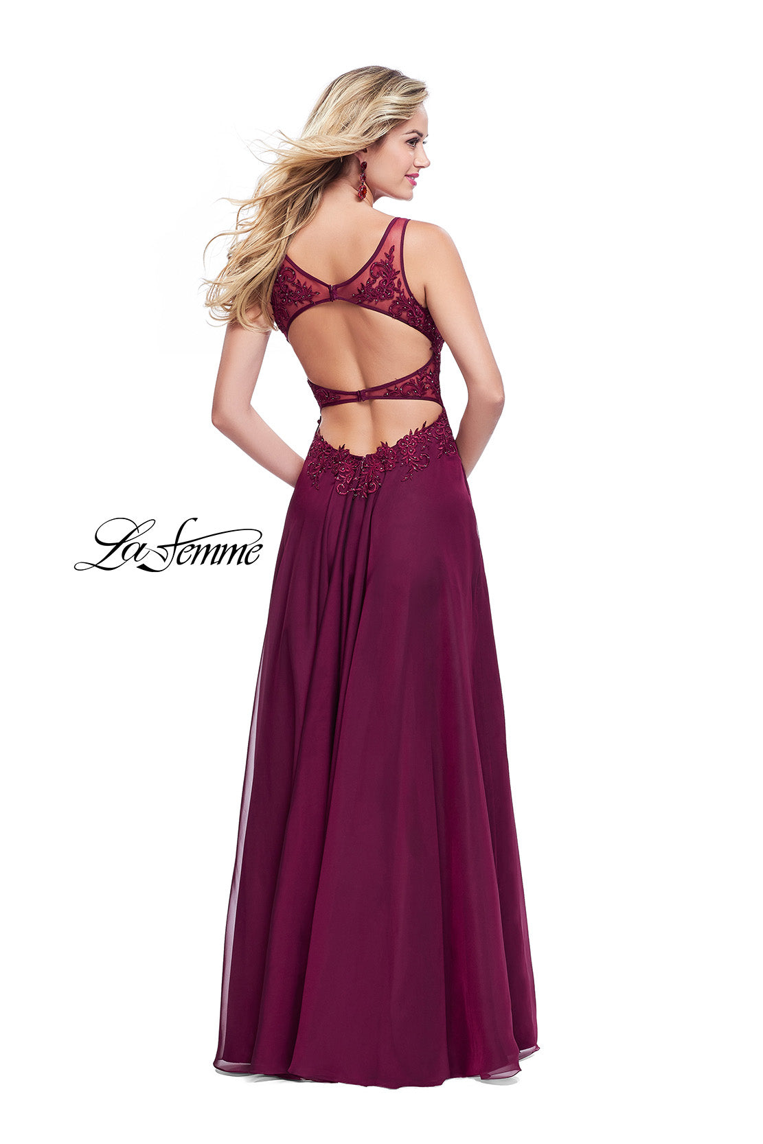 Picture of: Chiffon A-line Dress with Beaded Lace Bodice in Garnet, Style: 26082, Detail Picture 2