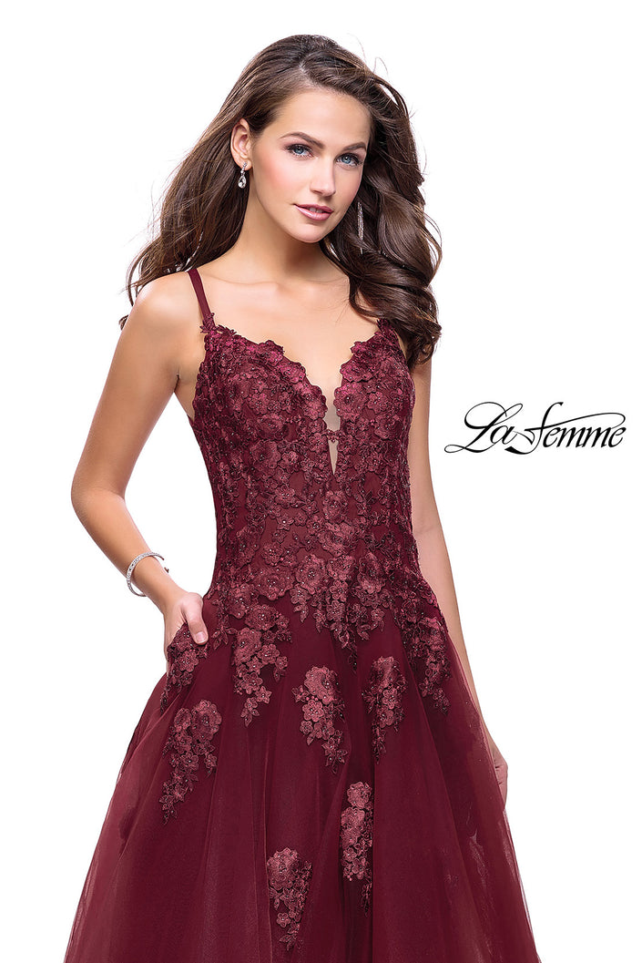 Picture of: Long Floral Lace Ball Gown with Tulle Skirt in Garnet, Style: 26236, Detail Picture 3