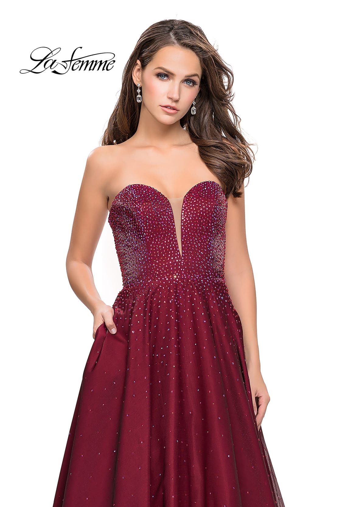 Picture of: Long Strapless Mikado Ball Gown with Beading in Garnet, Style: 26104, Detail Picture 4