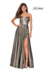 Picture of: Metallic A-line Prom Gown with Side Leg Slit in Gold Black, Style: 27619, Main Picture
