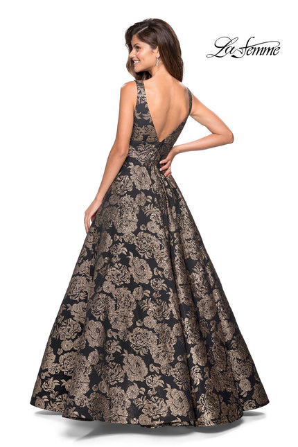 Picture of: Metallic Floral Prom Gown with V Neckline and Pockets in Gold Black, Style: 27482, Back Picture