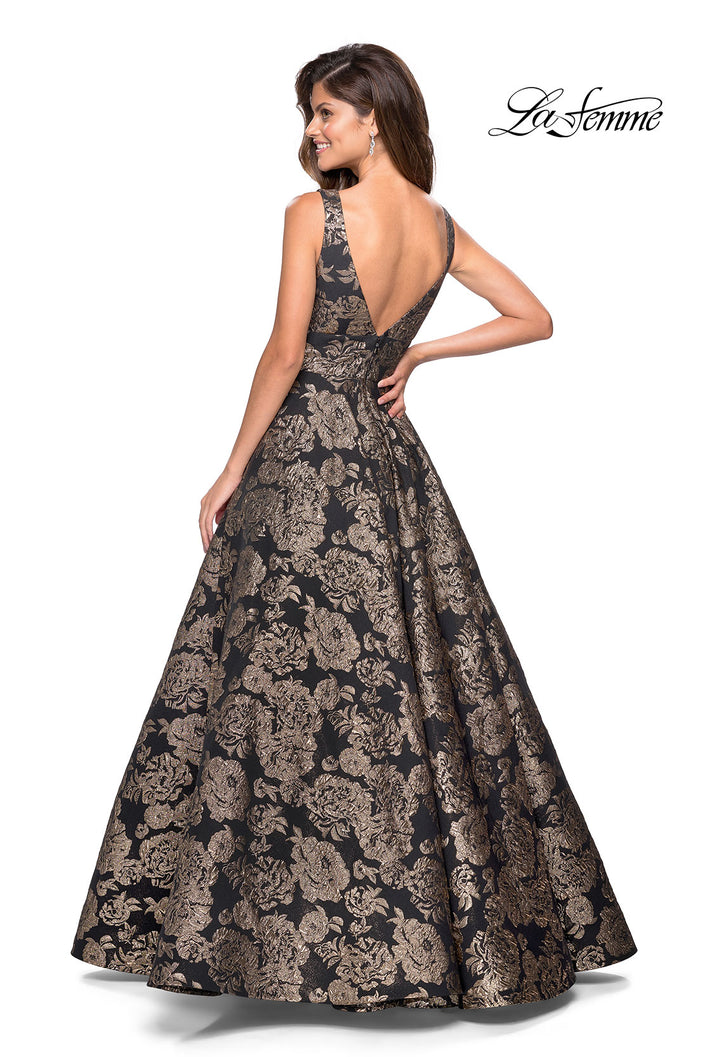 Picture of: Metallic Floral Prom Gown with V Neckline and Pockets in Gold Black, Style: 27482, Back Picture