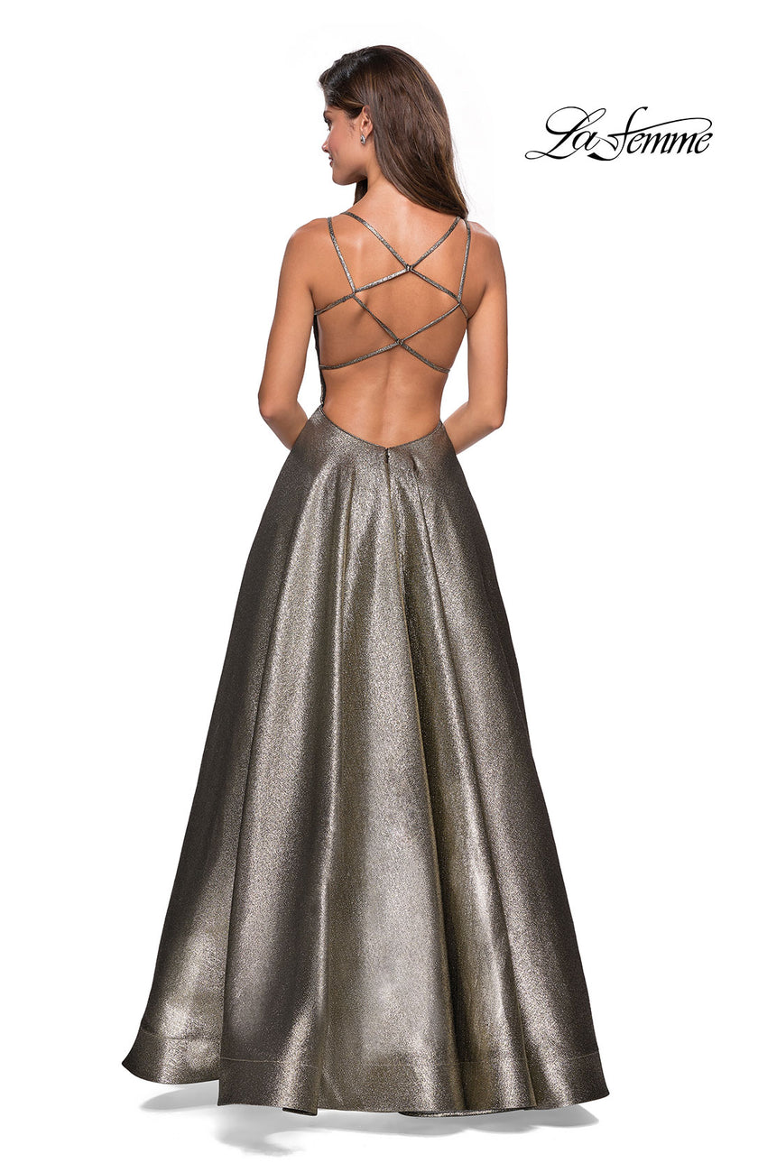 Picture of: Metallic A-Line Prom Gown with Criss Cross Strappy Back in Gold Black, Style: 27532, Back Picture