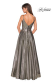 Picture of: Metallic A-line Prom Gown with Side Leg Slit in Gold Black, Style: 27619, Back Picture