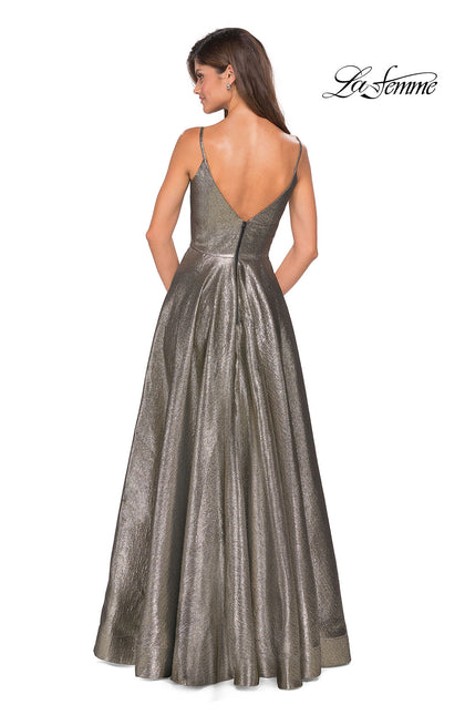 Picture of: Metallic A-line Prom Gown with Side Leg Slit in Gold Black, Style: 27619, Back Picture