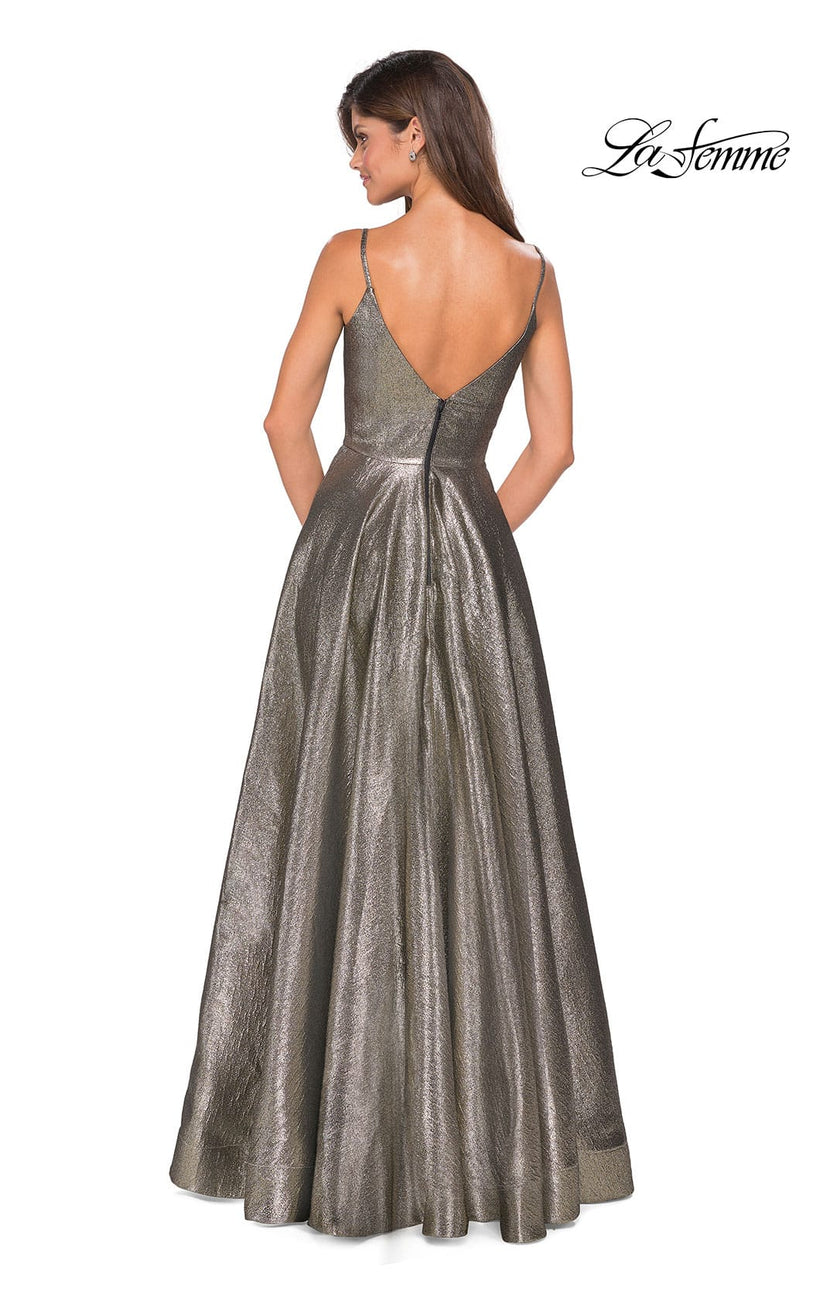Picture of: Metallic A-line Prom Gown with Side Leg Slit in Gold Black, Style: 27619, Back Picture