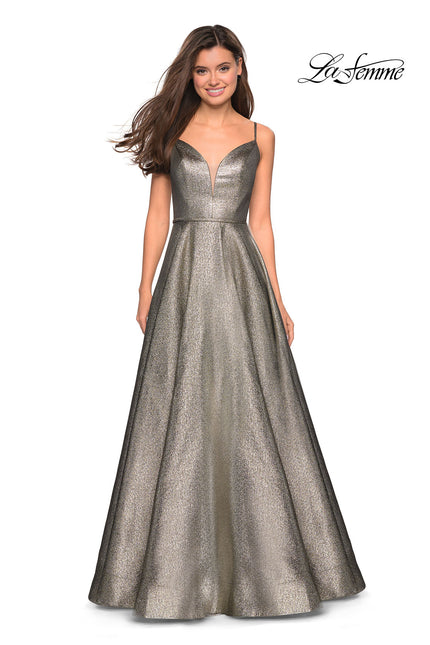 Picture of: Metallic Long Evening Gown with Plunging Neckline in Gold Black, Style: 27322, Detail Picture 1