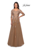 Picture of: A-line Gold Evening Gown with V Neckline in Gold, Detail Picture 1