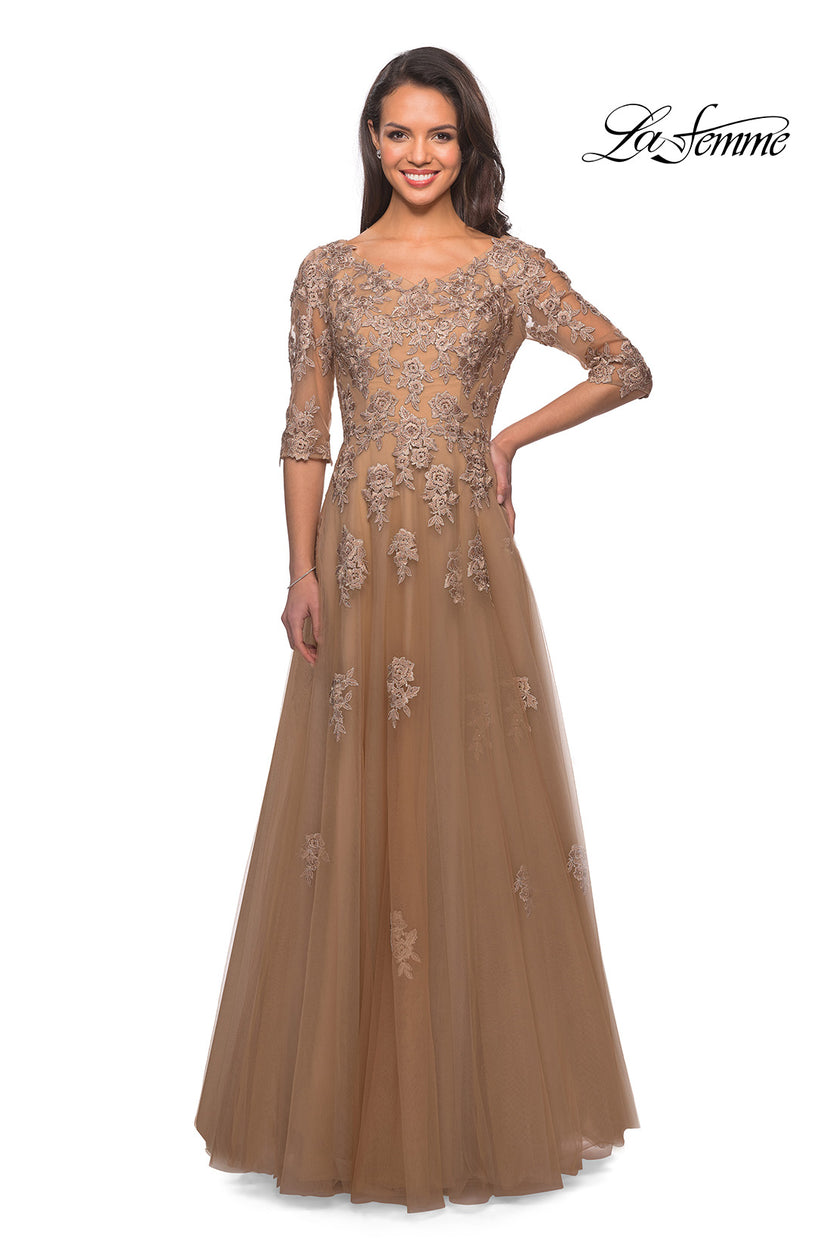 Picture of: A-line Gold Evening Gown with V Neckline in Gold, Detail Picture 1