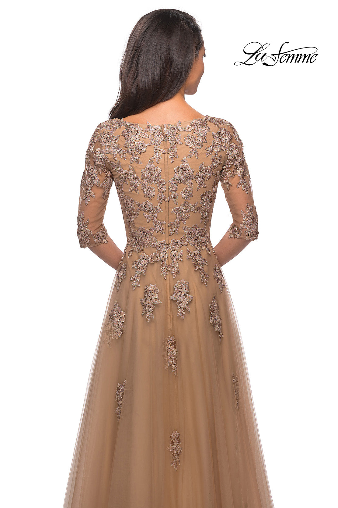Picture of: A-line Gold Evening Gown with V Neckline in Gold, Detail Picture 2