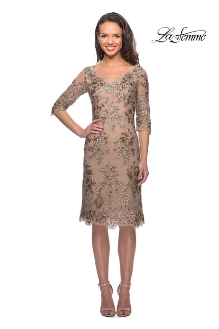 Picture of: Short Lace Dress with V Neck and 3/4 Sleeves in Gold Nude, Style: 26871, Main Picture