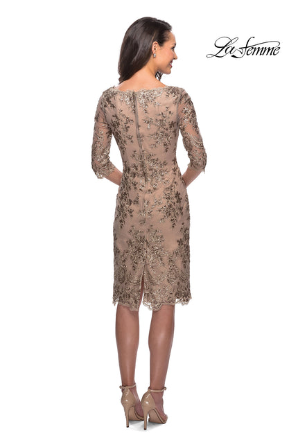 Picture of: Short Lace Dress with V Neck and 3/4 Sleeves in Gold Nude, Style: 26871, Back Picture