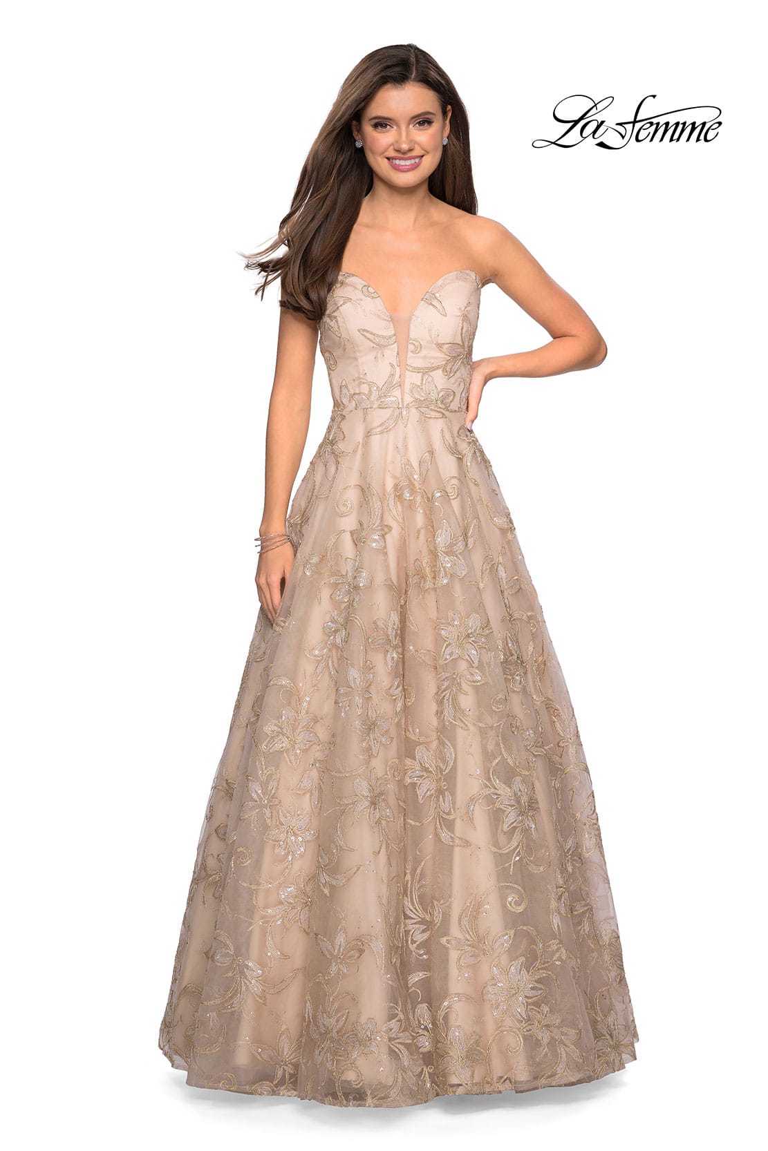 Picture of: Strapless A-Line Embroidered Prom Dress in Gold/Nude, Style: 27640, Main Picture
