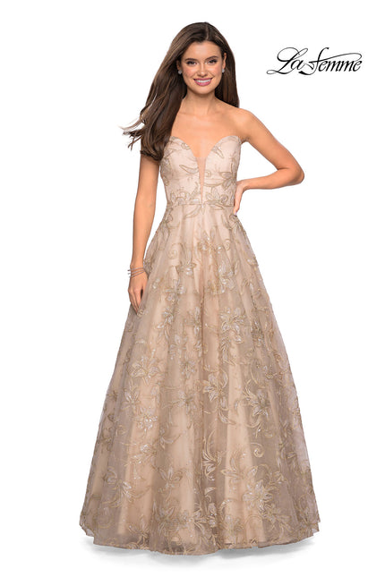 Picture of: Strapless A-Line Embroidered Prom Dress in Gold/Nude, Style: 27640, Main Picture