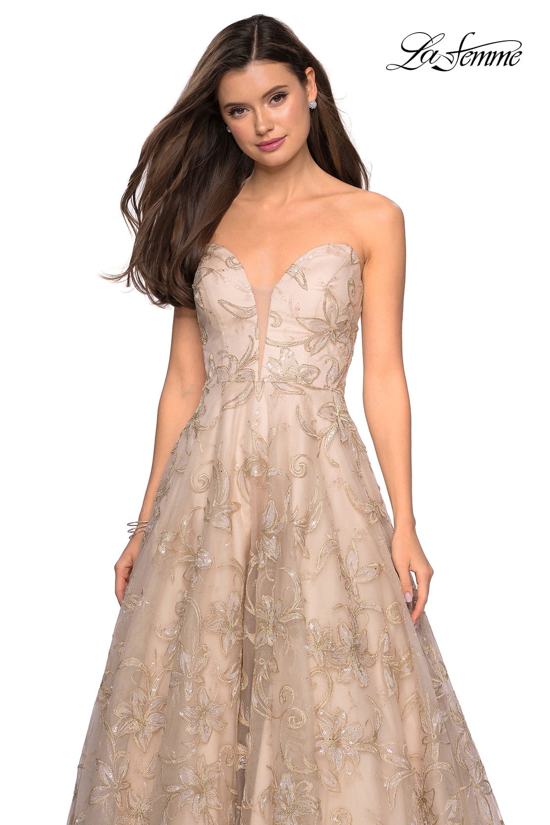 Picture of: Strapless A-Line Embroidered Prom Dress in Gold/Nude, Style: 27640, Detail Picture 2