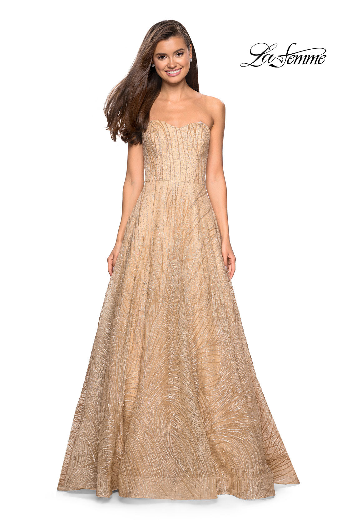 Picture of: Textured Lace Strapless Prom Dress in Gold, Style: 27776, Main Picture