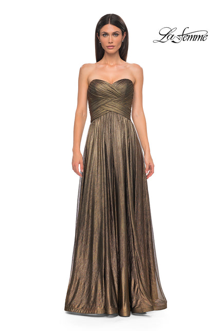Picture of: Textured Chiffon Flowy Strapless Evening Dress in Gold , Style 32382, Detail Picture 8