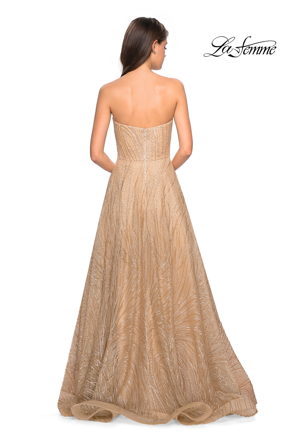 Picture of: Textured Lace Strapless Prom Dress in Gold, Style: 27776, Back Picture