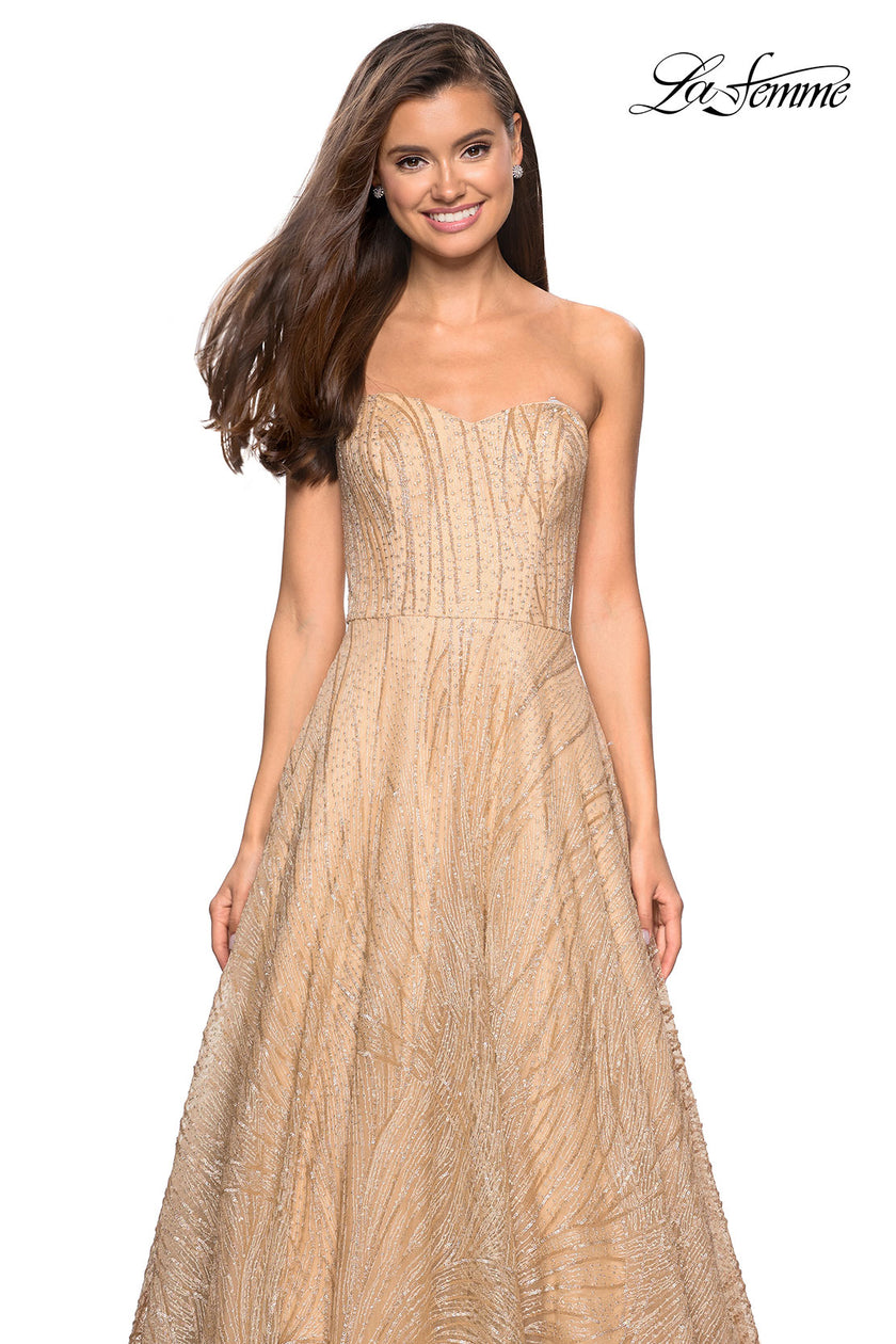 Picture of: Textured Lace Strapless Prom Dress in Gold, Style: 27776, Detail Picture 1