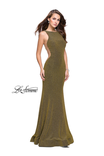 Picture of: Long Form Fitting Jersey Prom Dress with Flare Skirt in Gold, Style: 25421, Detail Picture 2