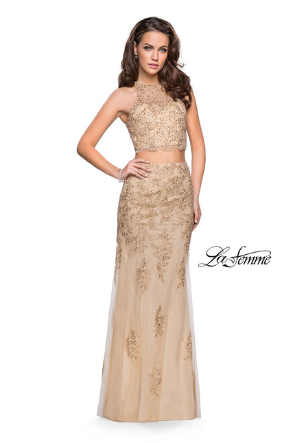 Picture of: Beaded Lace Two Piece Prom Dress with High Neckline in Gold, Style: 26294, Detail Picture 2