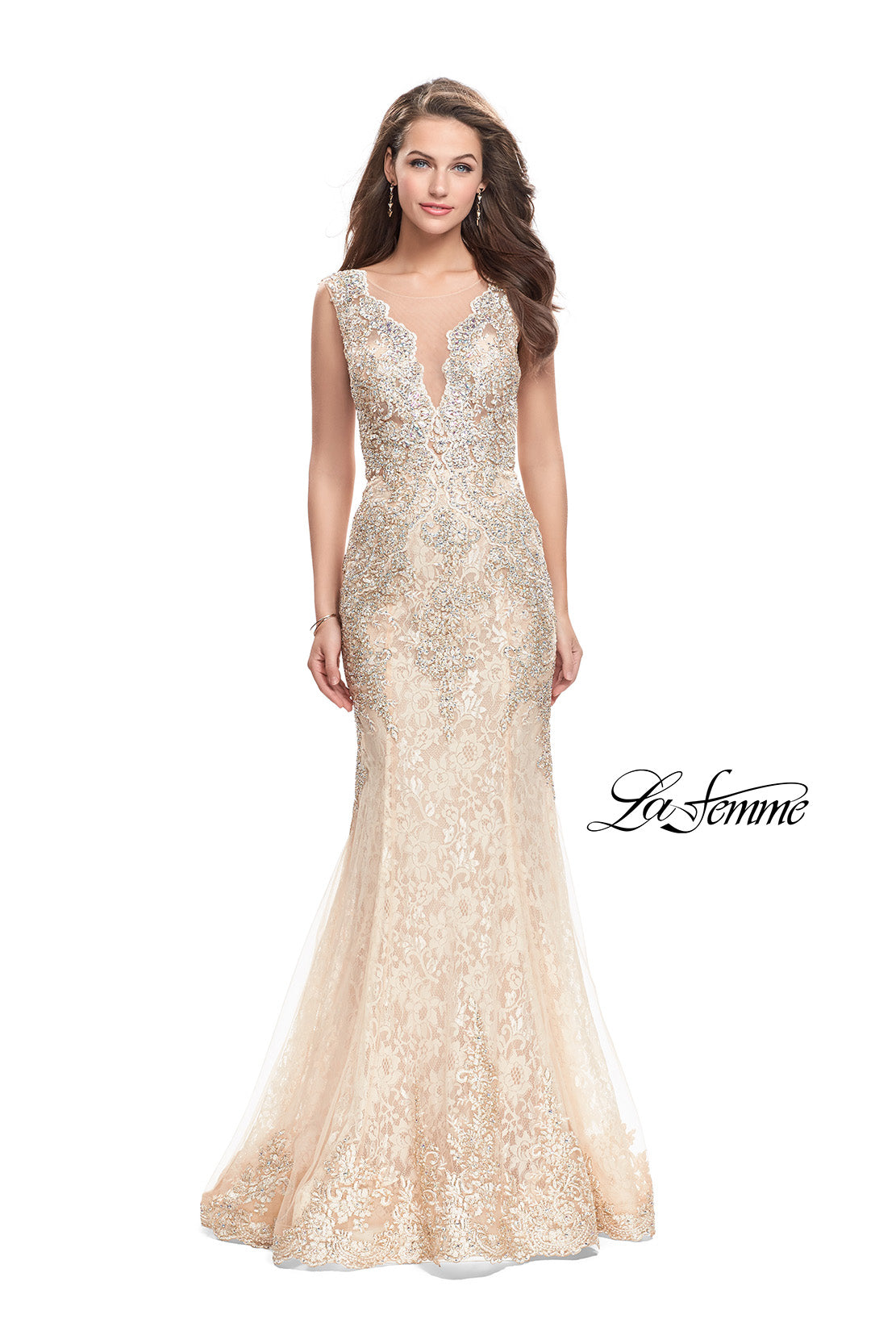 Picture of: Form Fitting Mermaid Lace Dress with Metallic Beading in Gold Nude, Style: 26125, Main Picture
