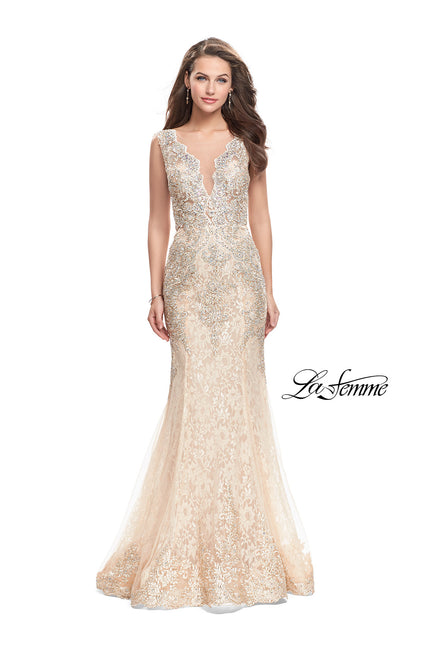 Picture of: Form Fitting Mermaid Lace Dress with Metallic Beading in Gold Nude, Style: 26125, Main Picture