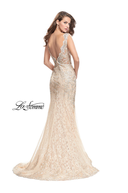 Picture of: Form Fitting Mermaid Lace Dress with Metallic Beading in Gold Nude, Style: 26125, Back Picture